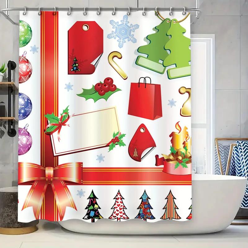 TU Festive Holiday Shower Curtain Christmas Trees Reindeer Snowflakes Winter Pattern Waterproof Fabric Decor Bathroom Set