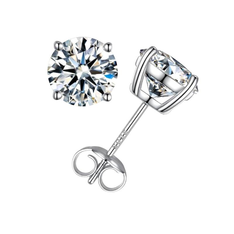 New S925 Sterling Silver Setting Round Faceted Cut Moissanite Diamond Women Ear Stud Earring Pair Fine Jewelry for Women Men