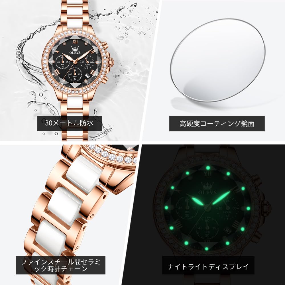 OLEVS Women's Quartz Watch Japanese Movement Multifunction 60-Minute Chronograph 12-Hour Chronograph Date Luminous 30m Water Resistant Stainless