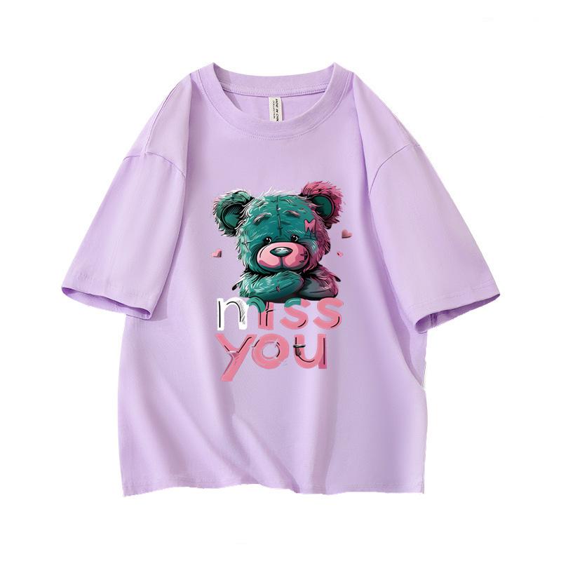 

Graffiti Color Clash Bear Miss You Oversized Short Sleeve O Neck T Shirt Graphic Print 100 Cotton 2000 Women Tops clothes Summer L