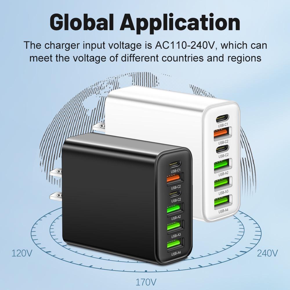 3.1A Multi-Port Mobile Charger: 2 Type-C PD + 4 USB Travel Charging Head