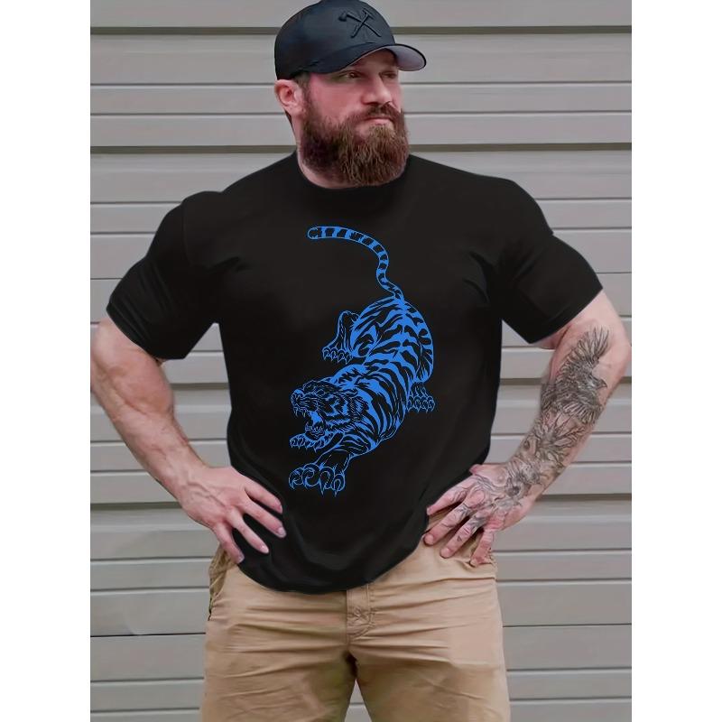 European sizes Plus Size Men s Fashion Tiger Graphic T-shirt, Comfy Elastic Tees For Summer, Men s Clothing 2XL чёрный