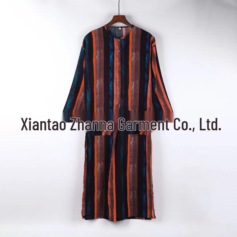 Men's Striped Muslim Long Robe Jumpsuit Tang Suit with Stand-up Collar