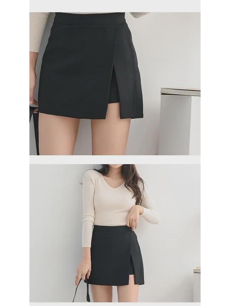 2022 Women's Black High Waist Slim A-Line Skirt Pants with Slit