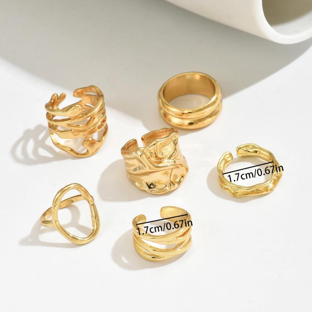 6Pcs/Set Vintage Liquid Wrinkled Irregular Rings for Women Punk Geometric Metal Multi-Layer Chain Open Rings Set Jewelry Gifts