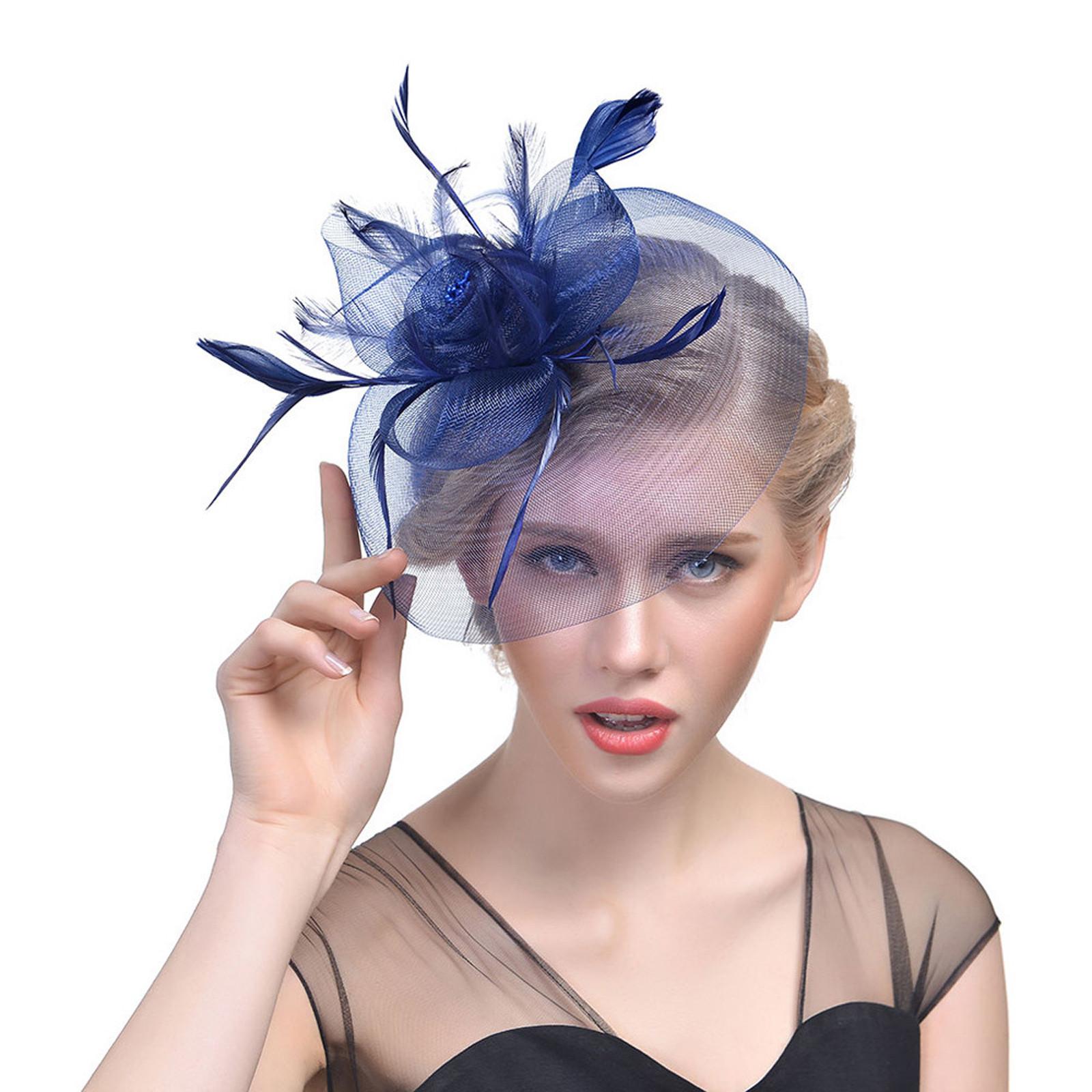 

Женщины цветок сетки ленты перья повязка на голову коктейль чаепитие шляпа головные уборы One Size тёмно-синий