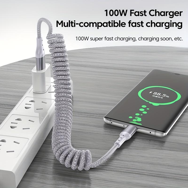 90 Degrees 100W USB Type C Spring Car Fast Charging Cable for Samsung Xiaomi USB C Data Cord for iPhone 15 Huawei USB C Wire