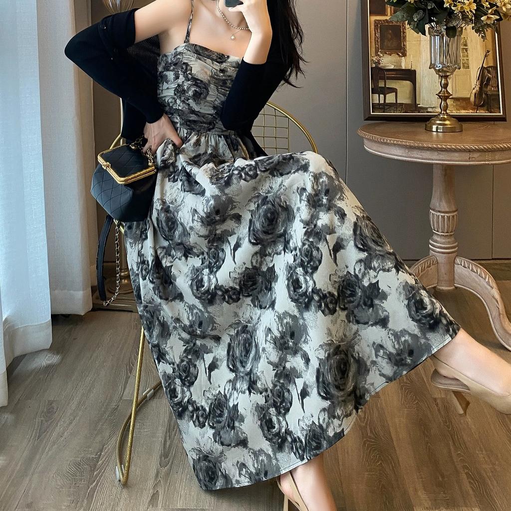 Ink Painting Retro Small Floral Tube Top Suspender Skirt Women's Clothing Summer New Product Waist Design Sense Fashion Temperament Long Dress