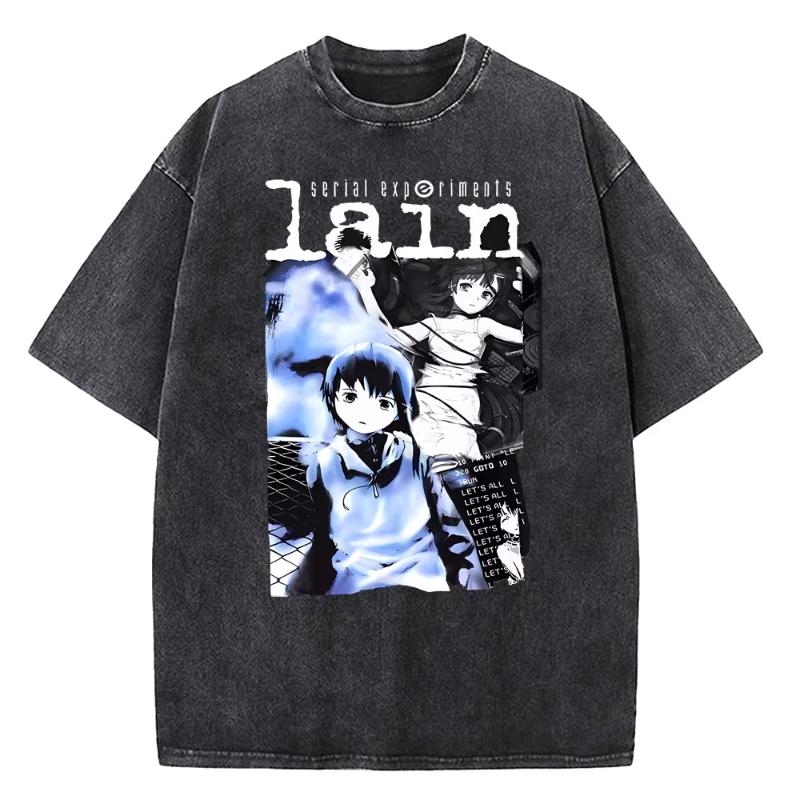 Women Japanese Anime Serial Experiments Lain Vintage Washed T Shirt High Quality Manga Short Sleeve T Shirt Women