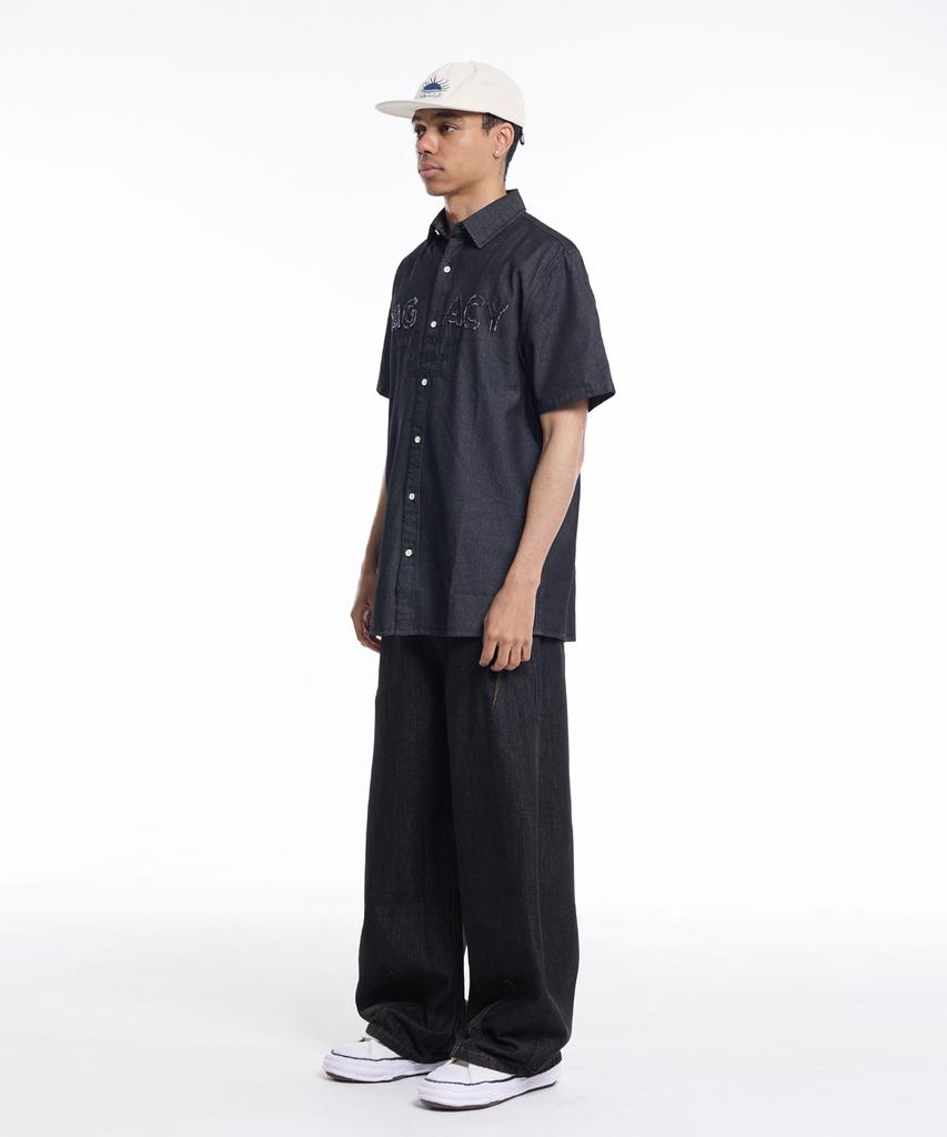 CREAM SODA LAB Applique Embroidered Lettering Denim Collared Short Sleeve Shirt Black
