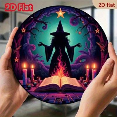 Retro 2D Flat Aluminum Metal Sign Witch Carved Design Book Star Halloween Decor Garage Restaurant Coffee