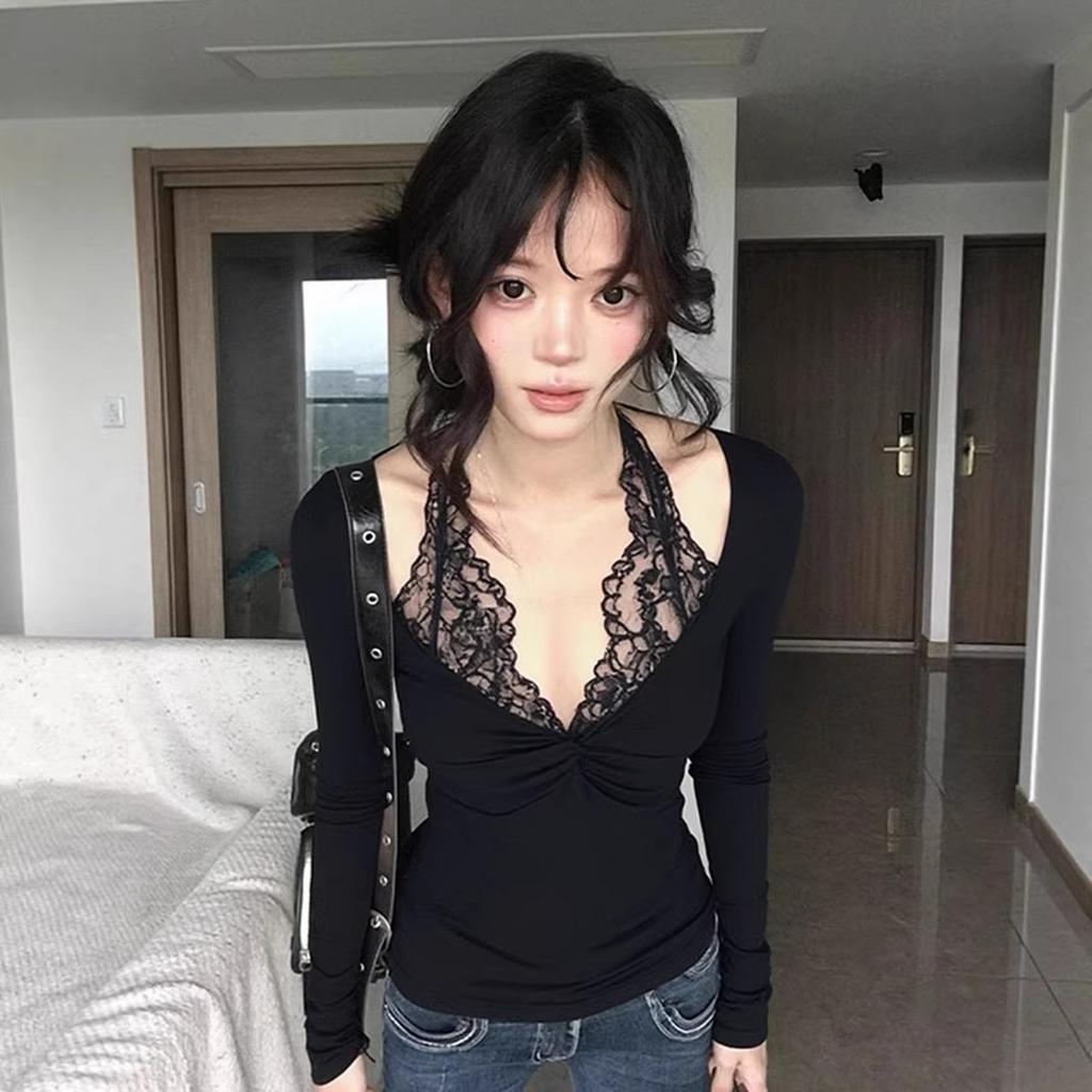 American fake two-piece lace splicing long-sleeved T-shirt women's early spring kink neck v-neck slim-fitting and thin Spice Girl top