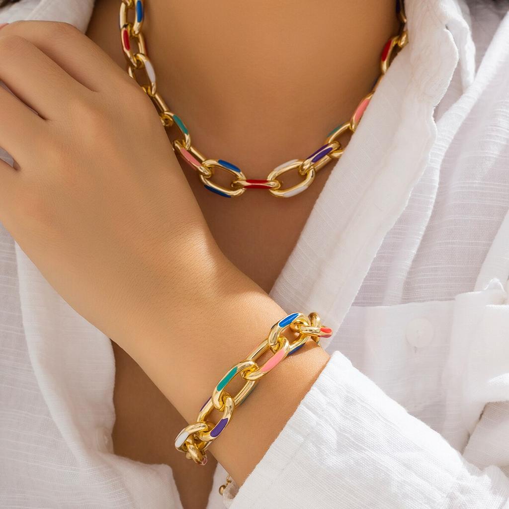 Conjunto de 2 Peças Colorido Boêmio Fashion Gargantilha Pulseira Conjunto de Joias Corrente Cruzada Clássica Acessórios para Mulheres Presente Festa