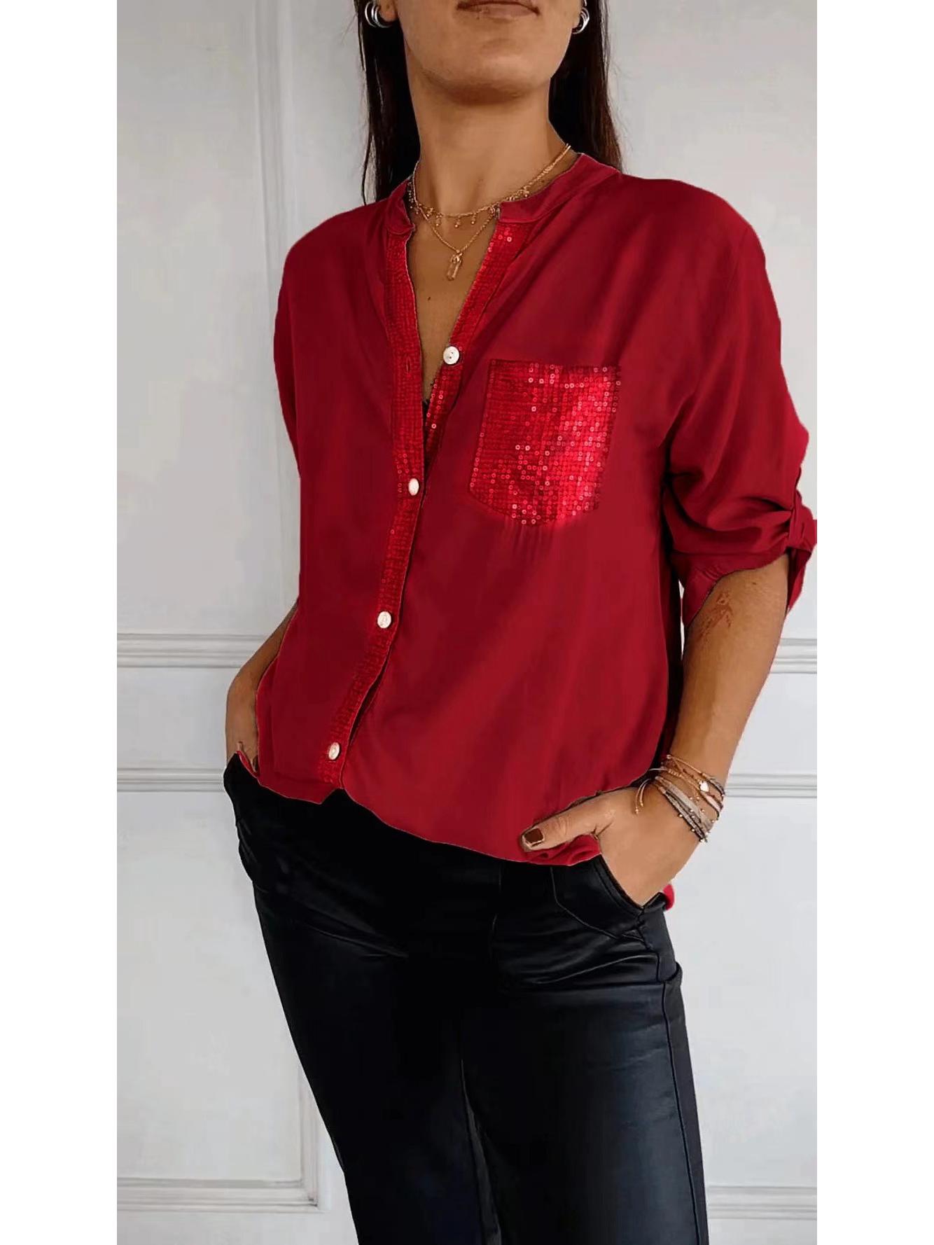 

Spring Summer European American Women s Loose Casual Hotfix Sleeve Shirt 4XL червоний