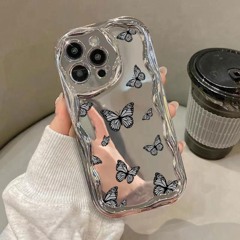 Glossy Plating Butterfly Love Heart Pattern Case For iPhone 15 14 Pro 13 Pro Max 12 11 Wave Frame Soft Shockproof Lens Protection Mirror Phone Cover