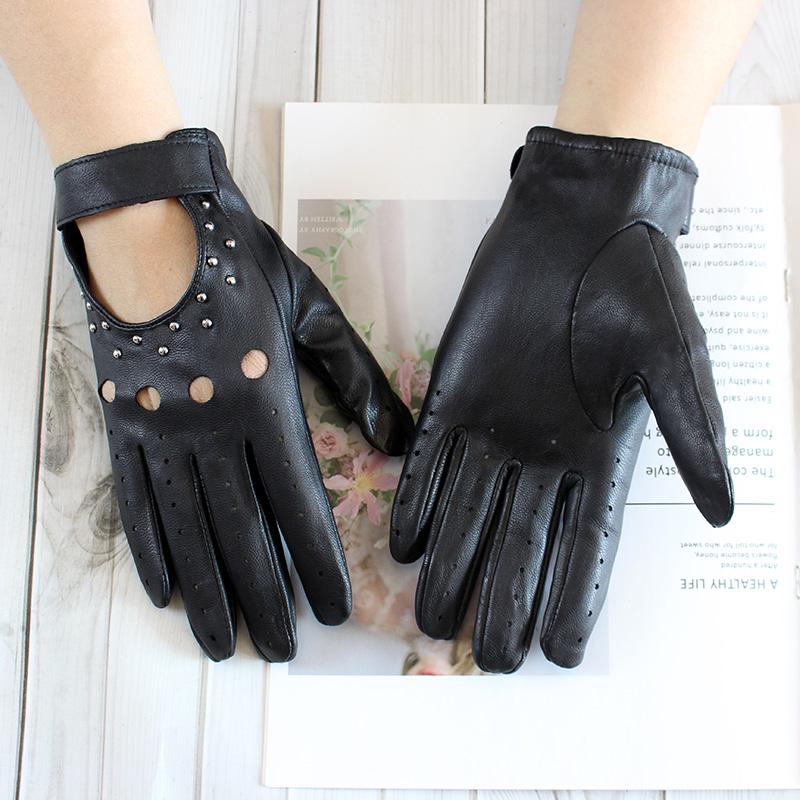 Goatskin Driving Driver Leather Gloves Women's Thin Outdoor Motorcycle Riding Fashion Hollow Rivet Spring Summer