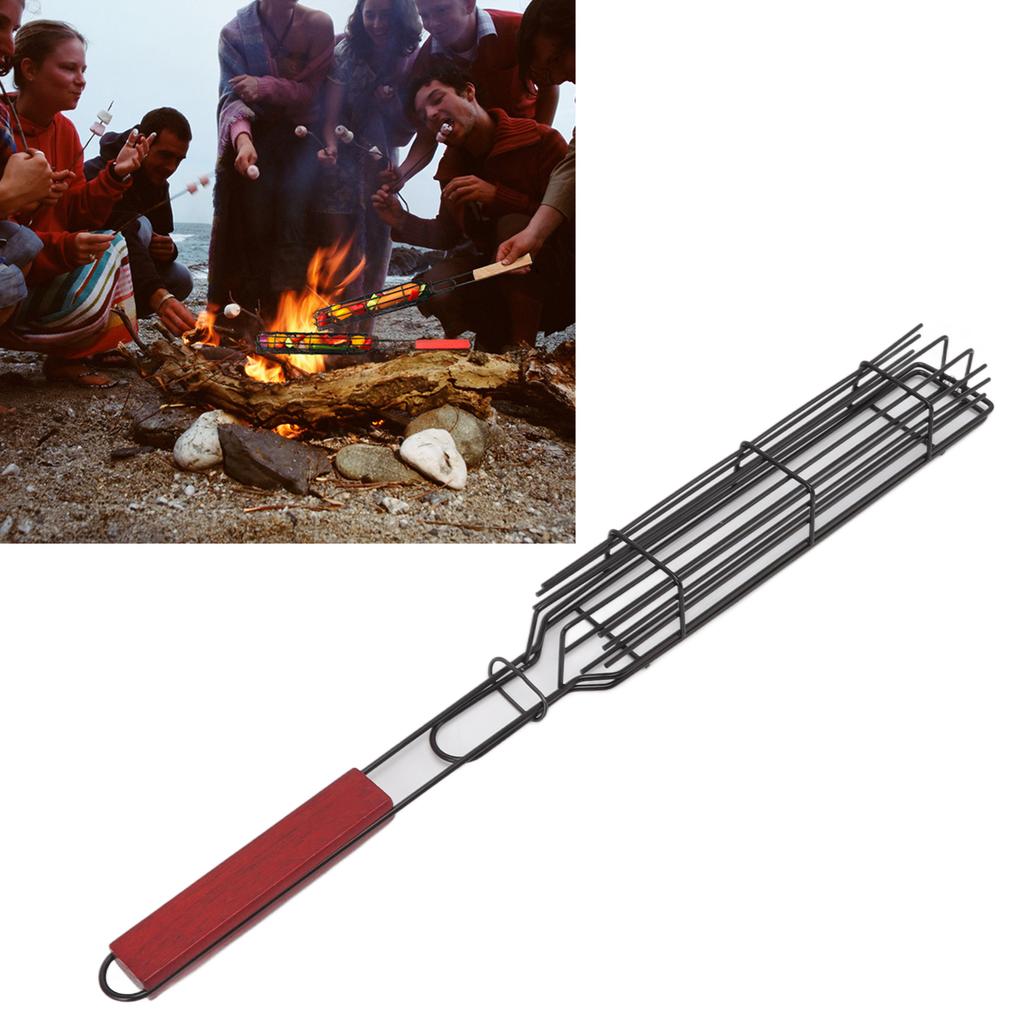 Kabob Grilling Baskets Lockable Iron Kebab Grill Grate with Wooden Handle for Grilling Vegetables Hot Dog Meat