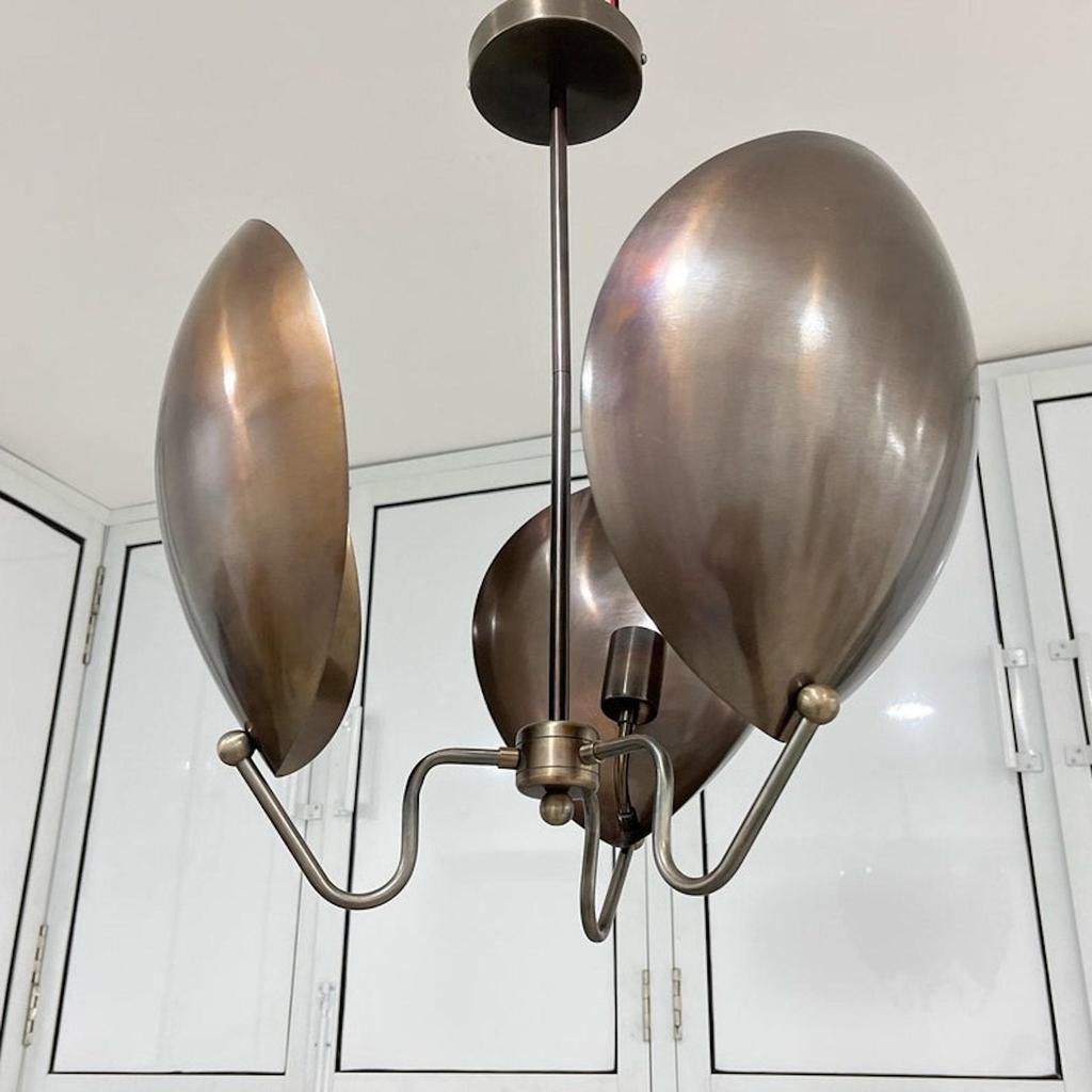 3 Light Curved Shades Modern Pendant Mid Century Antique Patina Chandelier Light Fixture