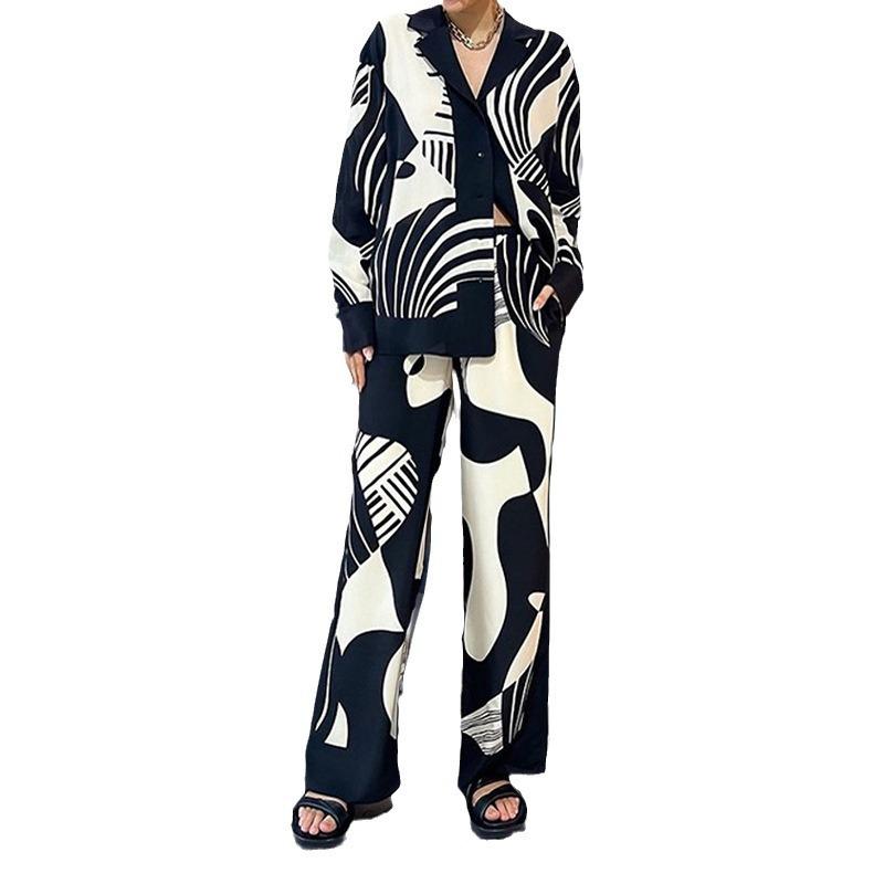 European & American Women's Graffiti Lapel Shirt and Long Sleeve Fashion Two-Piece Set