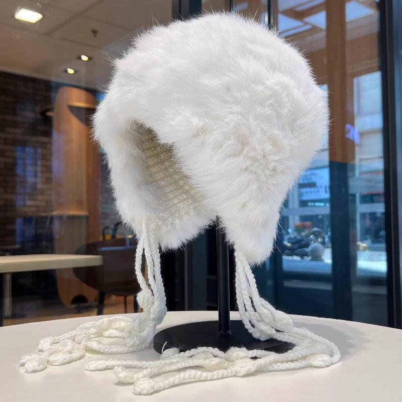 Rabbit-fur Knit Autumn Winter Cold-Weather Beanie with Fringe Earflaps New Style Thickened Woolen Hat for Warmth Woolen Beanie