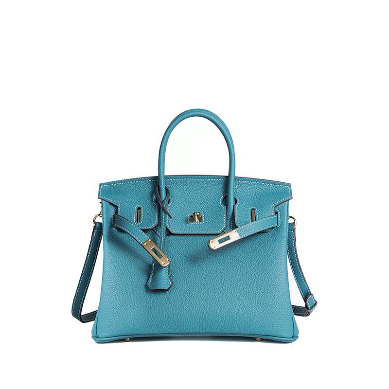 Wax Thread Lychee Grain Cowhide Leather Handbag with Lock Buckle - Women's Platinum Grade Purse