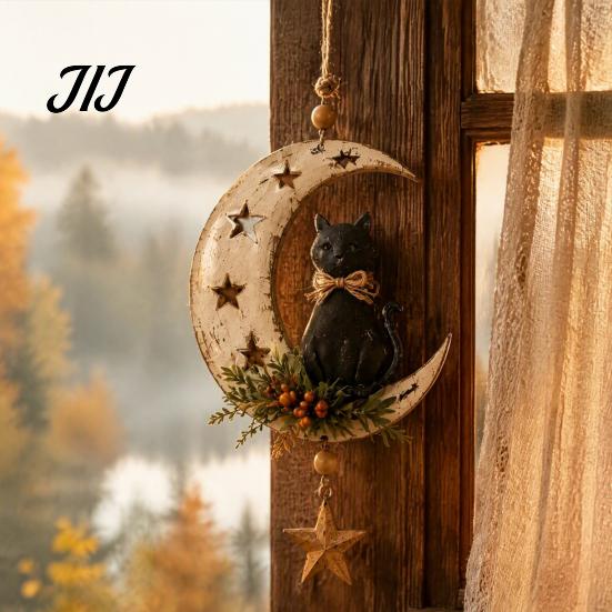Unique Gift for Cat Owners Crescent Moon Black Hanging Ornament, on Wall Decor, Decor Rustic Star Door Window Pendant Gothic Farmhouse Room Decoration