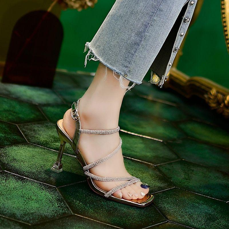 Rhinestone Thin Strap Stiletto Sandals 2025 Summer New Silver Women's Shoes One-word Buckle Temperament Square Head Light Mouth High Heels