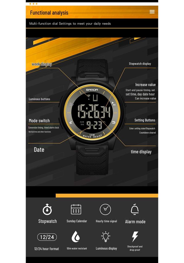 Sanda Fashion Multi-Functional Waterproof Luminous Electronic Wristwatch for Men and Women