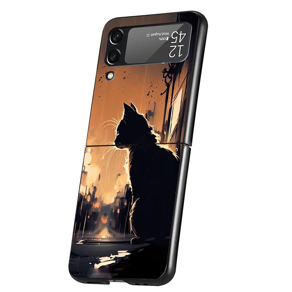 Anime Cat Rain Animal Cover Phone Case For Samsung Galaxy Z Flip 7 6 5 4 3 5G Flip7 Flip6 Flip5 Flip4 Flip3 Black Fundas Shell G