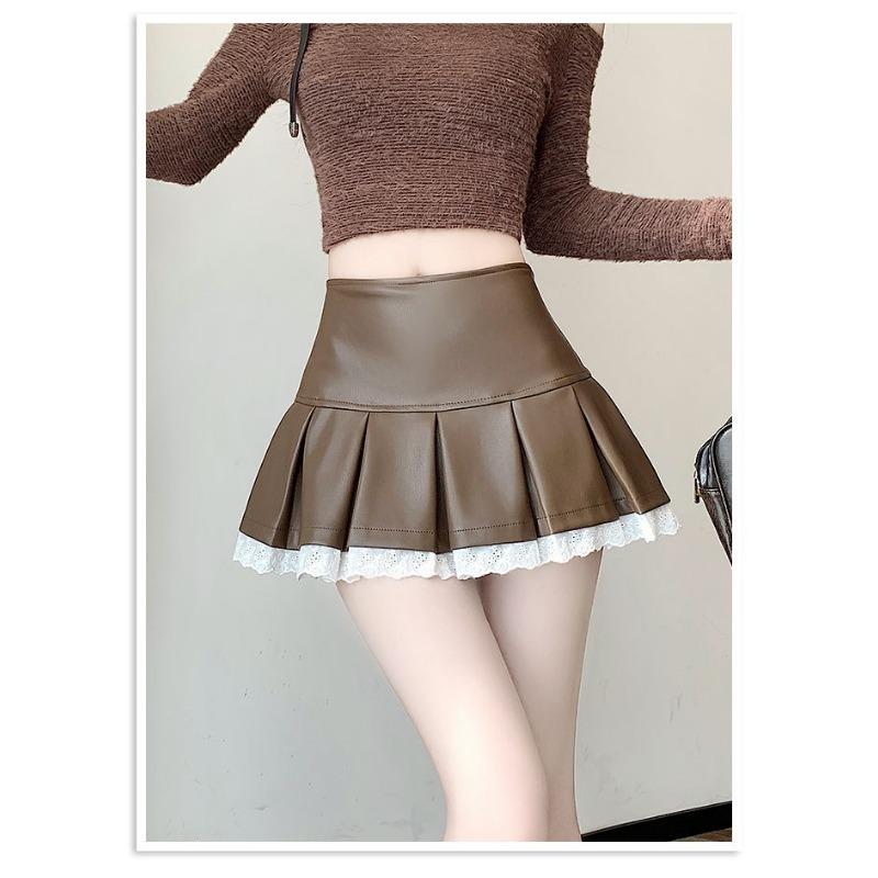 Hot Girl Leather Pleated Lace Skirt Autumn and Winter High Waist Versatile Hip-covering A-line Skirt Pants