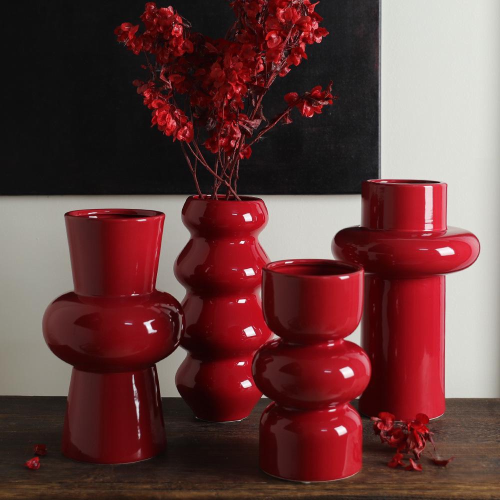 Čínská červená keramická váza ze poloviny století - Novoroční speciální ozdoba pro obývací pokoj nebo svatební aranžmá ze sušených květin