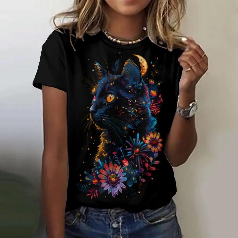 Summer O-Neck Short Sleeve Women's T-Shirt 3d Printed Black Cat Pattern T-Shirt Pullover Top Fashion Street Female Clothing 2024