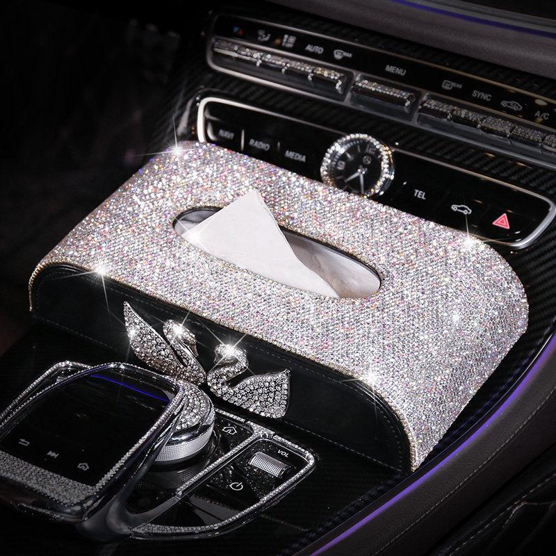 Swan Cartoon Car Tissue Box with Diamond Accents - Creative Cute Design