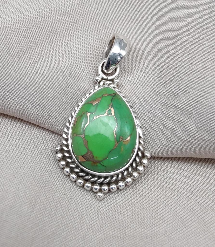 Green Copper Turquoise Pendant: Sterling Silver Boho Necklace