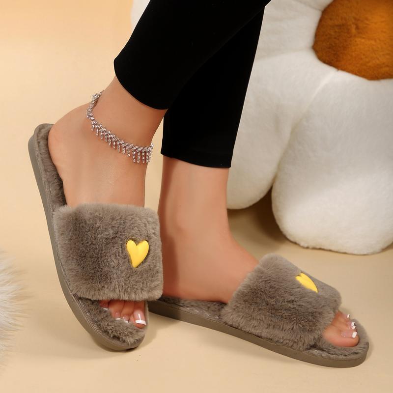 Fashion Cute Heart Decoration Short Plush Indoor Slippers Women 2025 Winter Soft Thick Bottom Bedroom Slides Warm Faux Fur Slippers