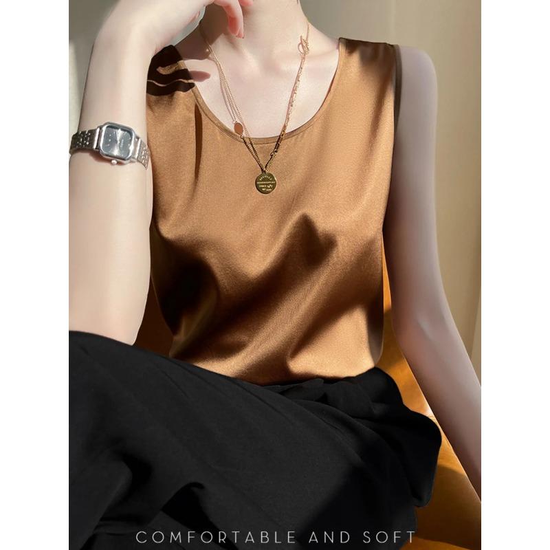 Summer Silk Camis Women's T Shirts Sleeveless Vest Satin Tank Tops Office Elegant Fashion O Neck Champagne BlouseTop Women
