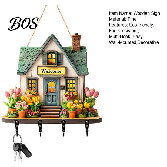 Durable Key Hook Wooden Fairy House Hanging Sign, Cottage Holder Wall Decor with 4 Entryway Storage Hooks, Vintage Flower Rack for Hallway Kitchen