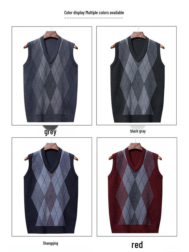 Men's Winter Sleeveless Plaid Knit Sweater Vest - Thick & Warm, Middle-aged Casual Style