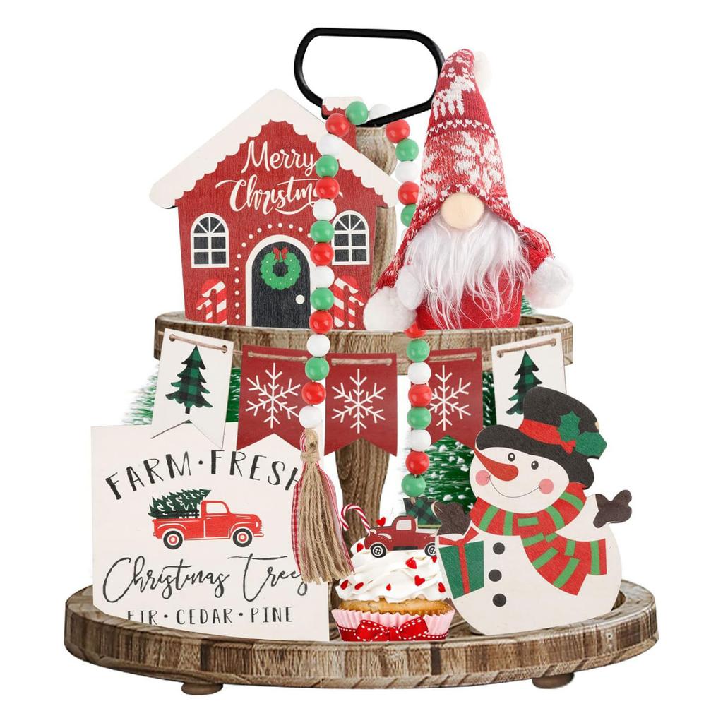 Christmas Dwarf Tiered Tray Decor with Beads String Festive Holiday Decorations Standing Signs for Winter Table Display