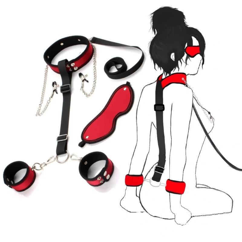 Behind-Back Collar & Bondage Harness Set – Master-Grade Restraints with Handcuffs & Nipple Clamps for Couples' Erotic Games