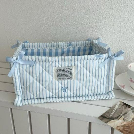 Korean Pink Plaid Quilted Storage Basket - Aesthetic Living Room & Bedside Organizer