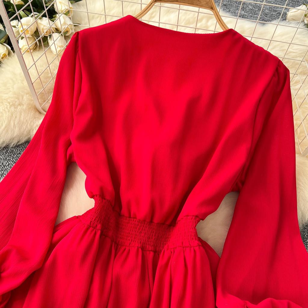 French Retro V-neck Three-dimensional Flowers Lantern Sleeve Dress Women's Waisted Temperament Swing Knee-length Elegant Long Dress