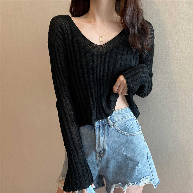 

Весна Осень Корейский Стиль V-образный Вырез Открывающий Ключицы Ажурный Длинный Рукав Короткий Трикотаж Женский Тонкий Топ Свитер One size чёрный