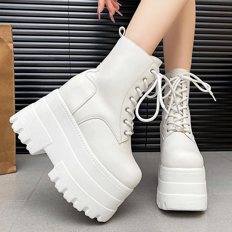 Women 13 CM Platform Boots Casual Outdoor Shoes Chunky Simple Lace Up Design Ankle Boots Cool Nightclub Party Black Shoes 35-43