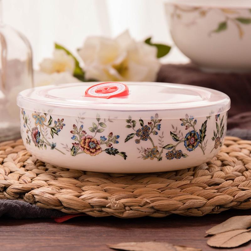 Bone China Bowl Κουτί φούρνου μικροκυμάτων με κάλυμμα, φλοράλ κεραμικό μπολ φαγητού Στρογγυλό βαθύ πιάτο για σαλάτα Φρούτα Noodle Επιτραπέζια σκεύη