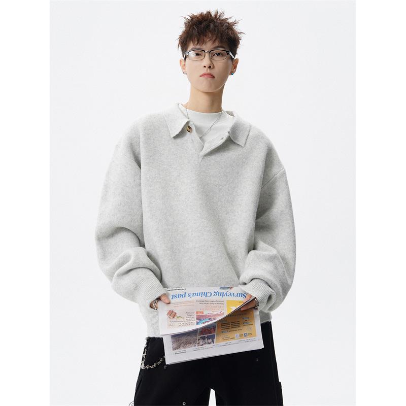 Men s Grey Polo Collar Knit Sweater, 2025 Autumn/Winter Korean Style, Thick Inner Layer XL