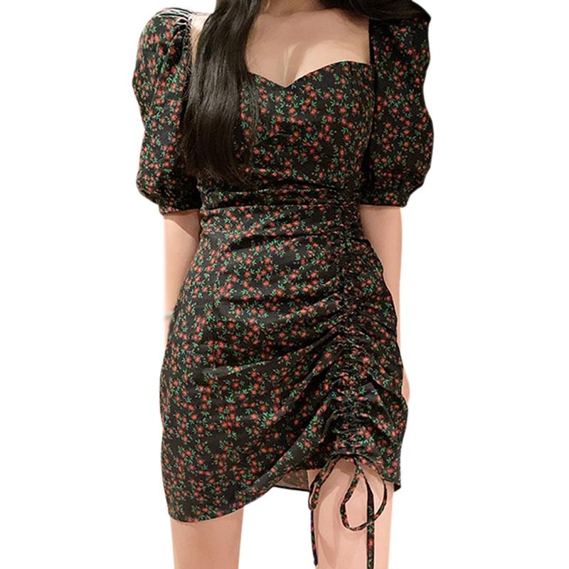 

Women s Square Neck Flower Print Slim Sweet Short Sleeves Dresses 2XL