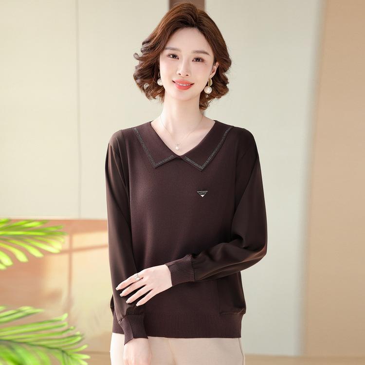 Middle-aged and Elderly Women's Casual Tops Fashionable Mother Spring Clothes Fashion Knitted Sweater Middle-aged Large Size Solid Color Lapel Shirt