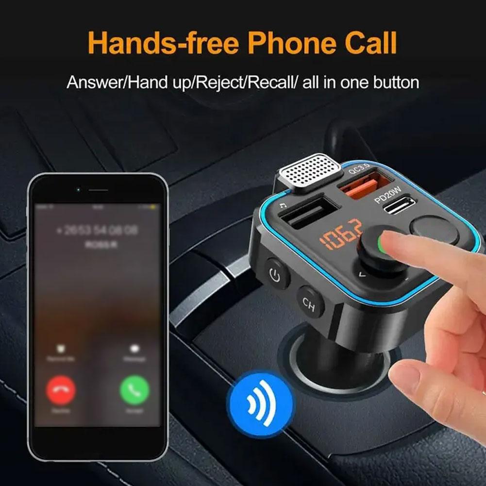 Bluetooth 5.0 FM Transmitter Cigarette Lighter Radio Music Adapter Charger Supports Hands-Free Siri Assistant For Car