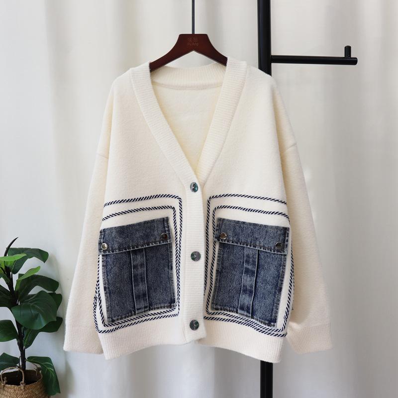 Autumn and winter new splicing denim pocket knitted double-sided woolen cardigan casual loose versatile sweater jacket women